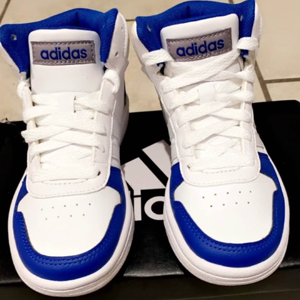 adidas Kids White and Blue Mid-Top Sneakers